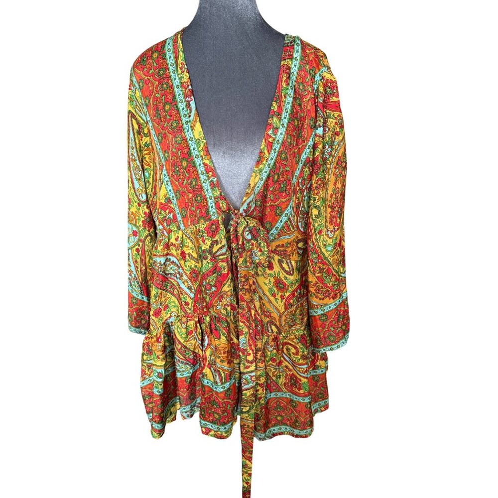 Bold & Beautiful 100% Silk Multicolor Paisley Printed Long Sleeve Tunic Blouse W